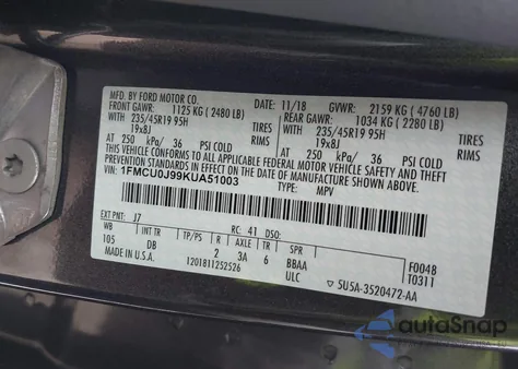 2019 Ford Escape Titanium z USA, uszkodzony, nr VIN 1FMCU0J99KUA51003